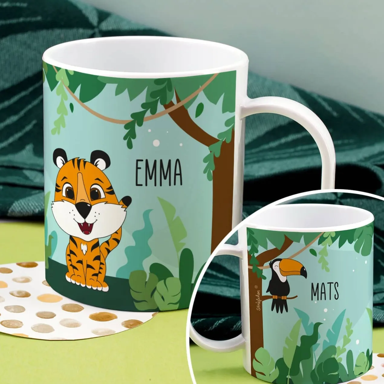 Kunststofftasse mit Dschungelmotiv, Tiger, Tucan und Ihrem Wunschnamen