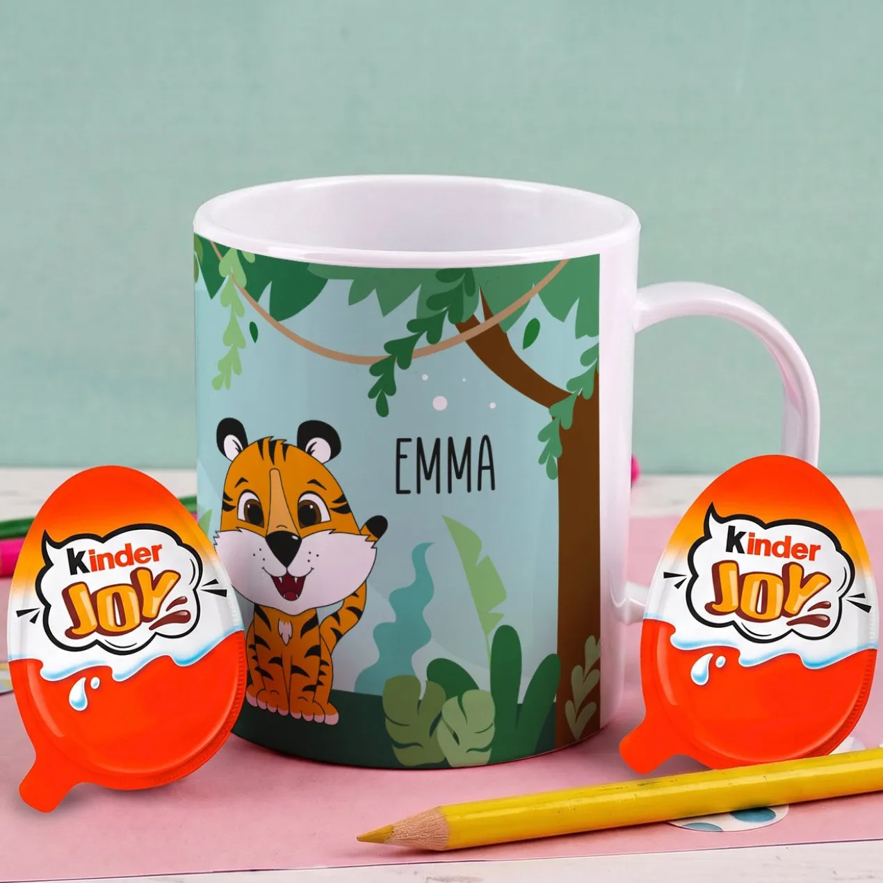 Kunststofftasse mit Dschungelmotiv, Tiger, Tucan und Ihrem Wunschnamen