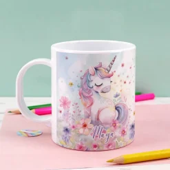 Kunststofftasse mit Einhornmotiv und Wunschname bedruckt