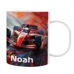 Kunststofftasse mit Rennwagen und Wunschname bedruckt