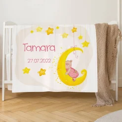 Kuscheldecke mit Mond, Sternen und Teddymotiv für Mädchen