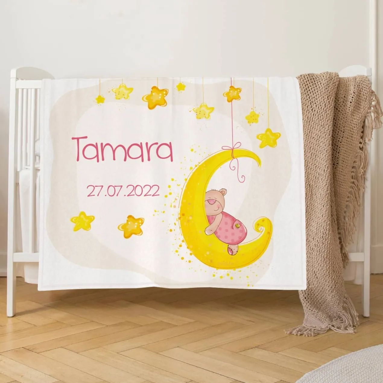 Kuscheldecke mit Mond, Sternen und Teddymotiv für Mädchen