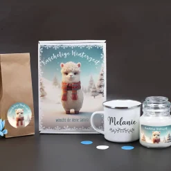 Kuschelige Winterzeit - Persönliches Geschenkset mit Tee, Duftkerze und Tasse