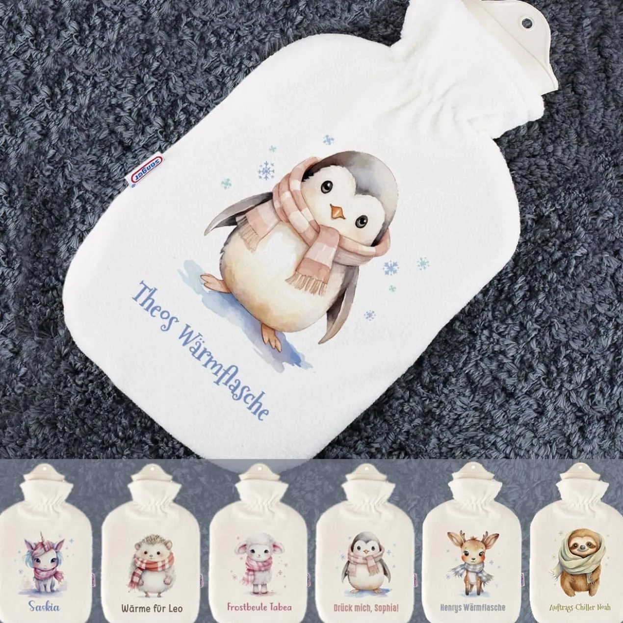 Kuschelige Wärmflasche mit 7 winterlichen Tiermotiven zur Auswahl