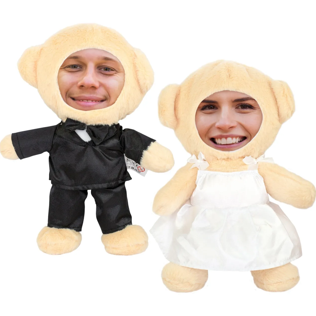 Kuscheltier Brautpaar personalisiert mit Foto Gesicht | Teddy Set als Geschenk zur Hochzeit