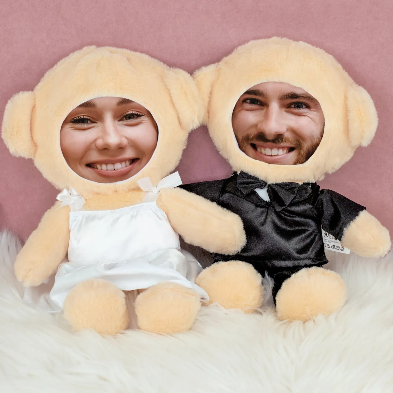 Kuscheltier Brautpaar personalisiert mit Foto Gesicht | Teddy Set als Geschenk zur Hochzeit