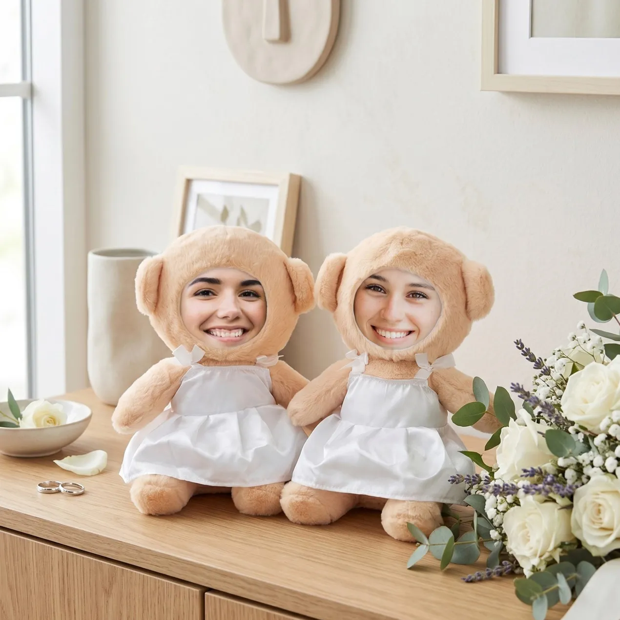 Kuscheltier Brautpaar personalisiert mit Foto Gesicht | Ehefrauen Teddy Hochzeitsgeschenk