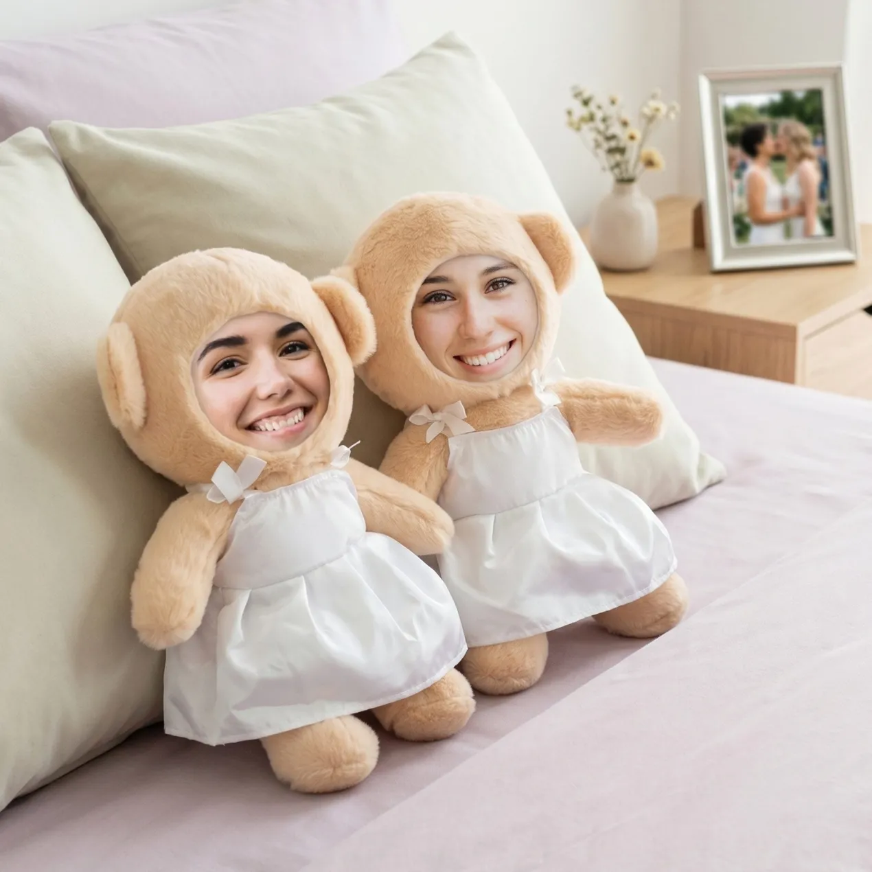 Kuscheltier Brautpaar personalisiert mit Foto Gesicht | Ehefrauen Teddy Hochzeitsgeschenk