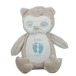 Kuscheltier Eule mit Babyfüßchen | Personalisiert mit Name & Datum zur Geburt & Taufe | Farbauswahl