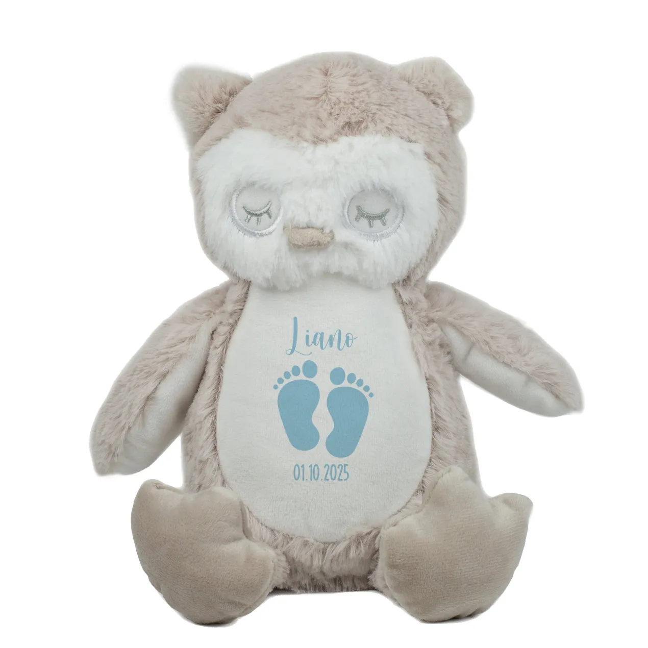 Kuscheltier Eule mit Babyfüßchen | Personalisiert mit Name & Datum zur Geburt & Taufe | Farbauswahl