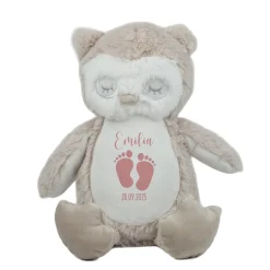 Kuscheltier Eule mit Babyfüßchen | Personalisiert mit Name & Datum zur Geburt & Taufe | Farbauswahl