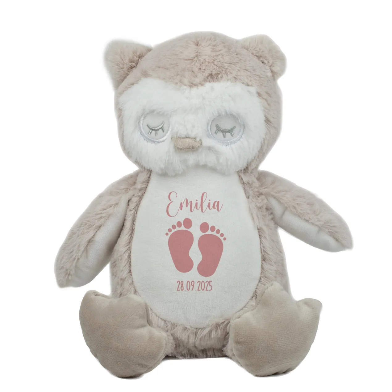 Kuscheltier Eule mit Babyfüßchen | Personalisiert mit Name & Datum zur Geburt & Taufe | Farbauswahl