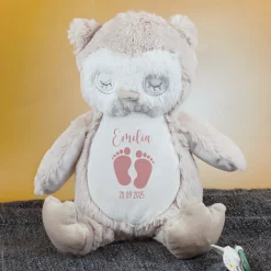 Kuscheltier Eule mit Babyfüßchen | Personalisiert mit Name & Datum zur Geburt & Taufe | Farbauswahl