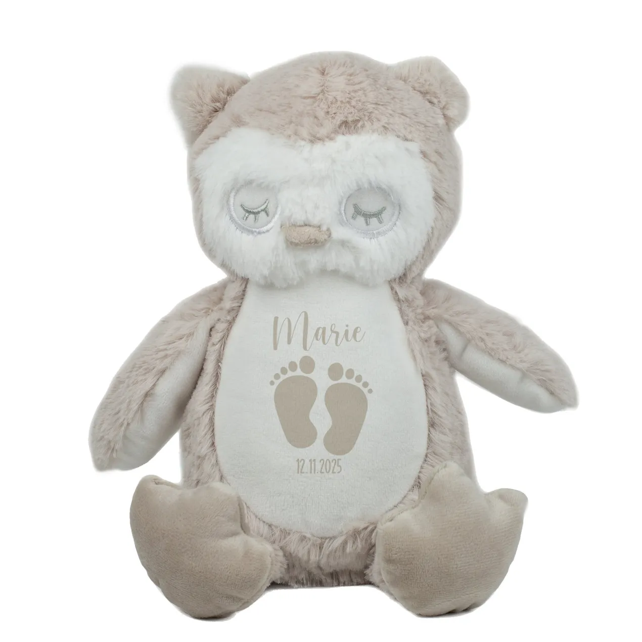 Kuscheltier Eule mit Babyfüßchen | Personalisiert mit Name & Datum zur Geburt & Taufe | Farbauswahl