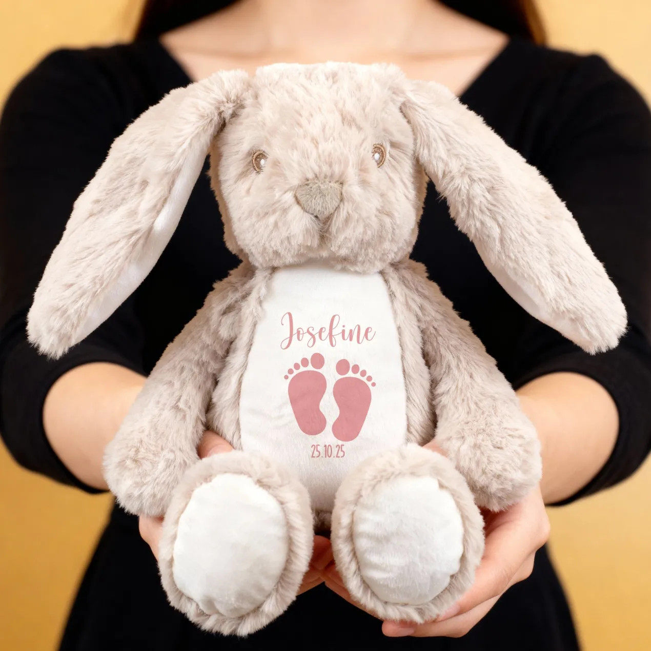 Kuscheltier Hase mit Babyfüßchen | Personalisiert mit Name & Datum zur Geburt & Taufe | Farbauswahl