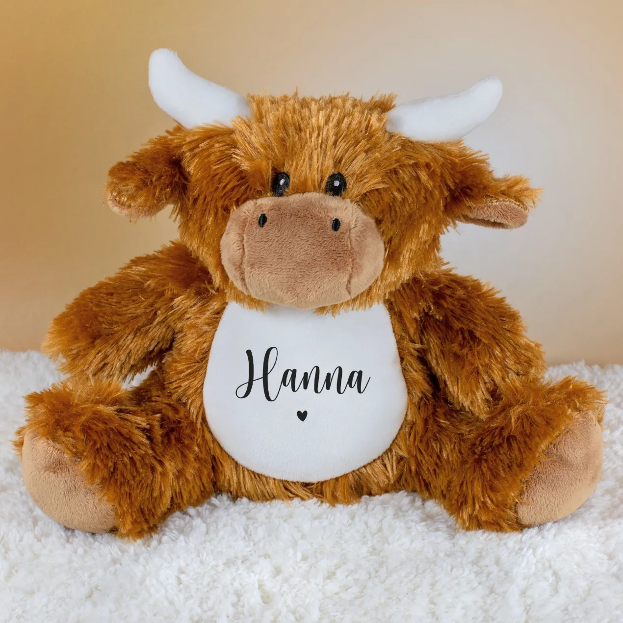 Kuscheltier Kuh mit Herzmotiv & Name personalisiert | Flauschiges Plüschtier-Geschenk