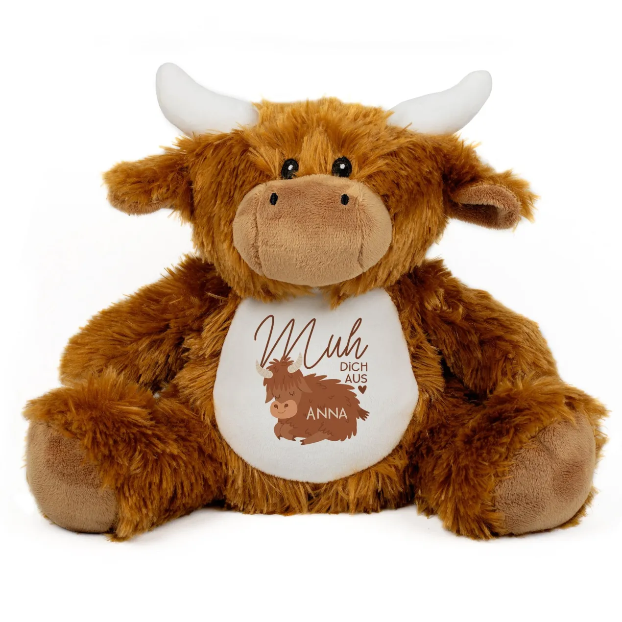 Kuscheltier Kuh mit Spruch 'Muh dich aus' & Name personalisiert | Lustiges Plüschtier-Geschenk