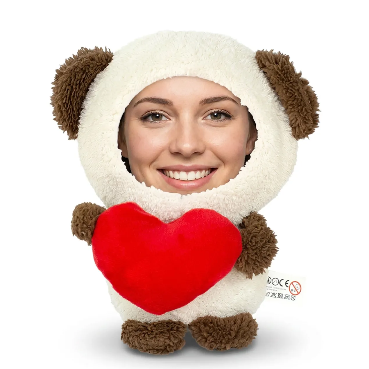 Kuscheltier personalisiert mit Foto Gesicht | Teddy mit Herz als lustiges Geschenk