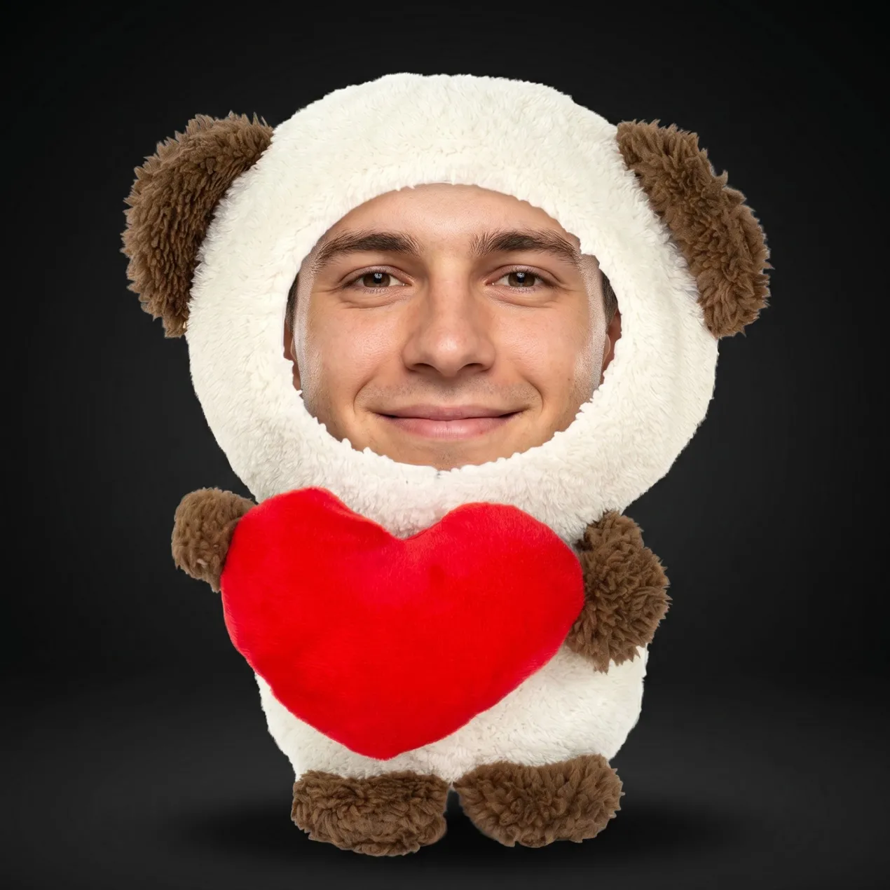 Kuscheltier personalisiert mit Foto Gesicht | Teddy mit Herz als lustiges Geschenk