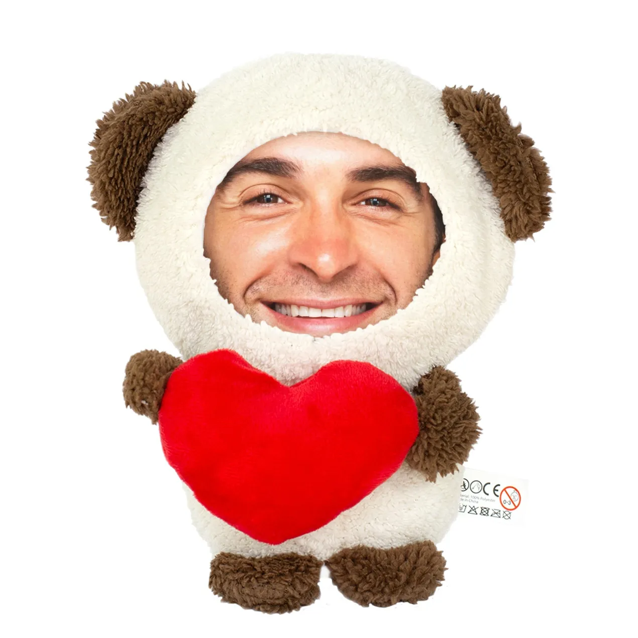 Kuscheltier personalisiert mit Foto Gesicht | Teddy mit Herz als lustiges Geschenk
