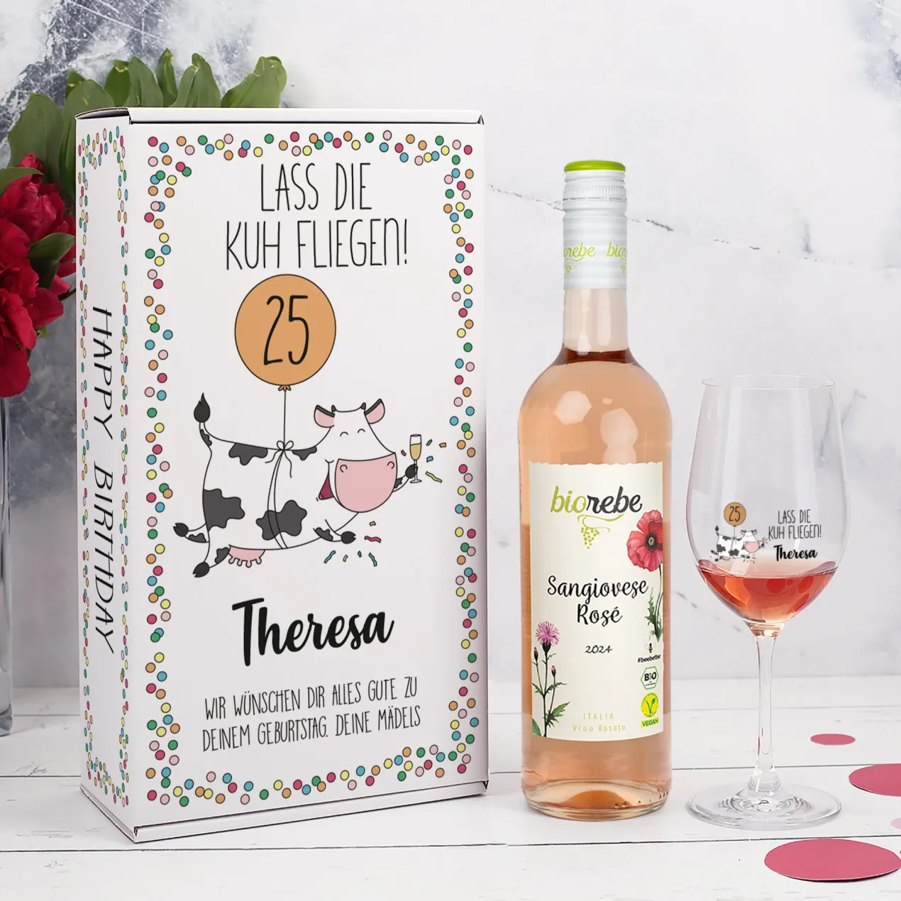 Lass die Kuh fliegen! Geschenkset zum Geburtstag mit bienenfreundlichen Biorebe Wein, Glas und Box