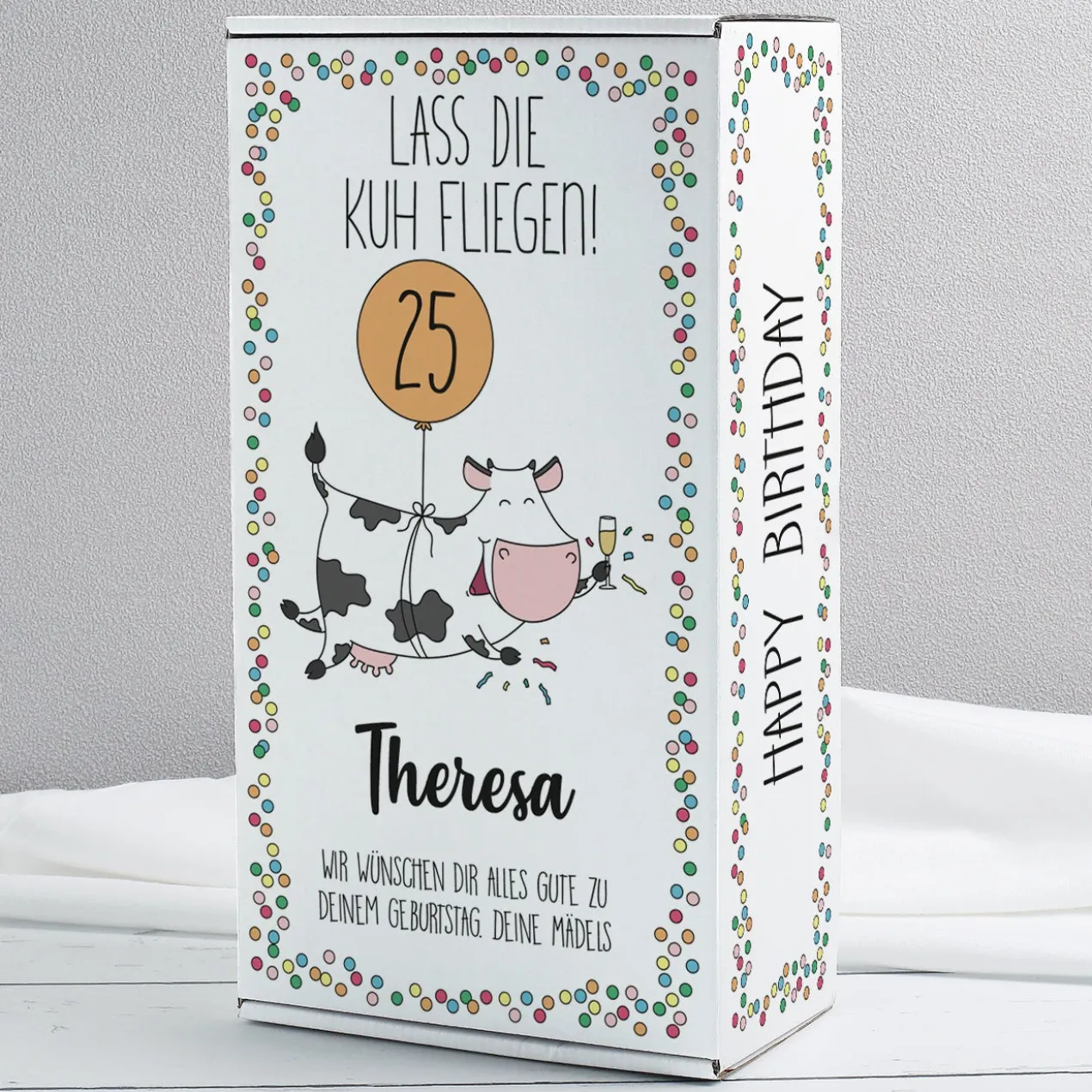Lass die Kuh fliegen! Geschenkset zum Geburtstag mit bienenfreundlichen Biorebe Wein, Glas und Box