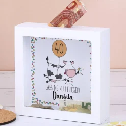 Lass die Kuh fliegen! - Spardose zum Geburtstag mit Name und Alter