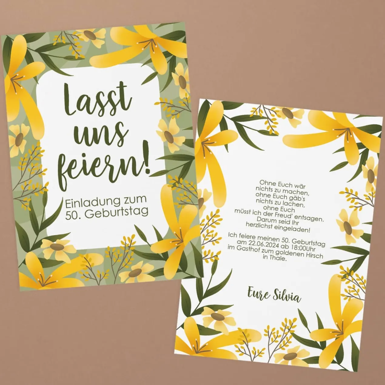 Lasst uns feiern! - Einladungskarte mit Blumenmotiv