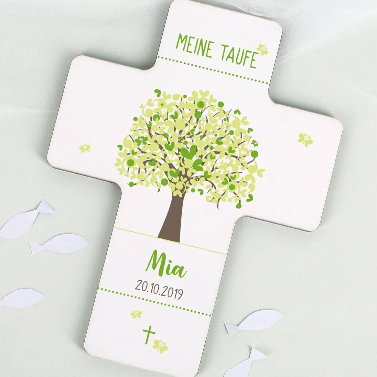 Lebensbaum Taufkerze und Kreuz im Set
