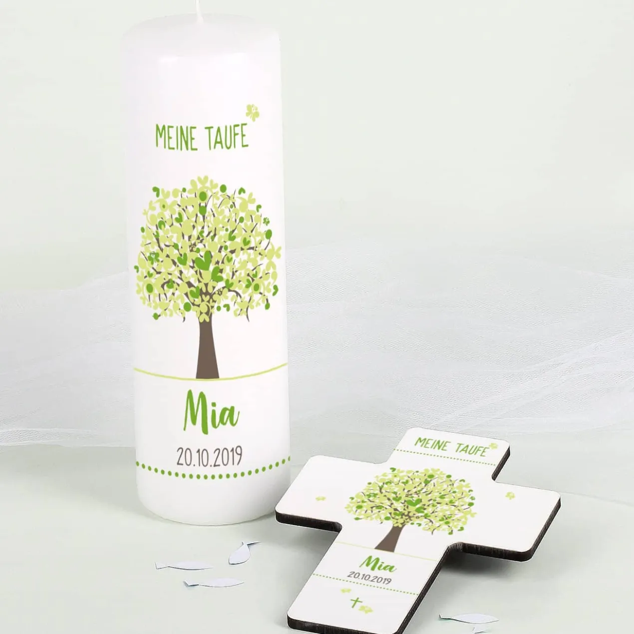 Lebensbaum Taufkerze und Kreuz im Set