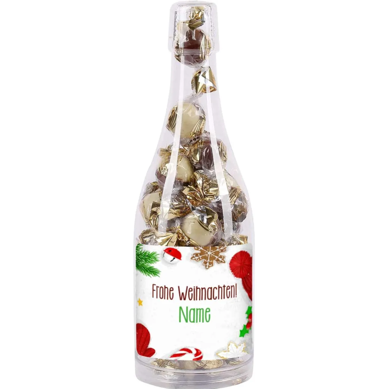 Leckere Pralinen in weihnachtlicher Flasche