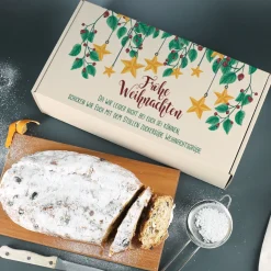Leckerer Rosinenstollen als Weihnachtsgeschenk mit personalisierbarer Geschenkverpackung