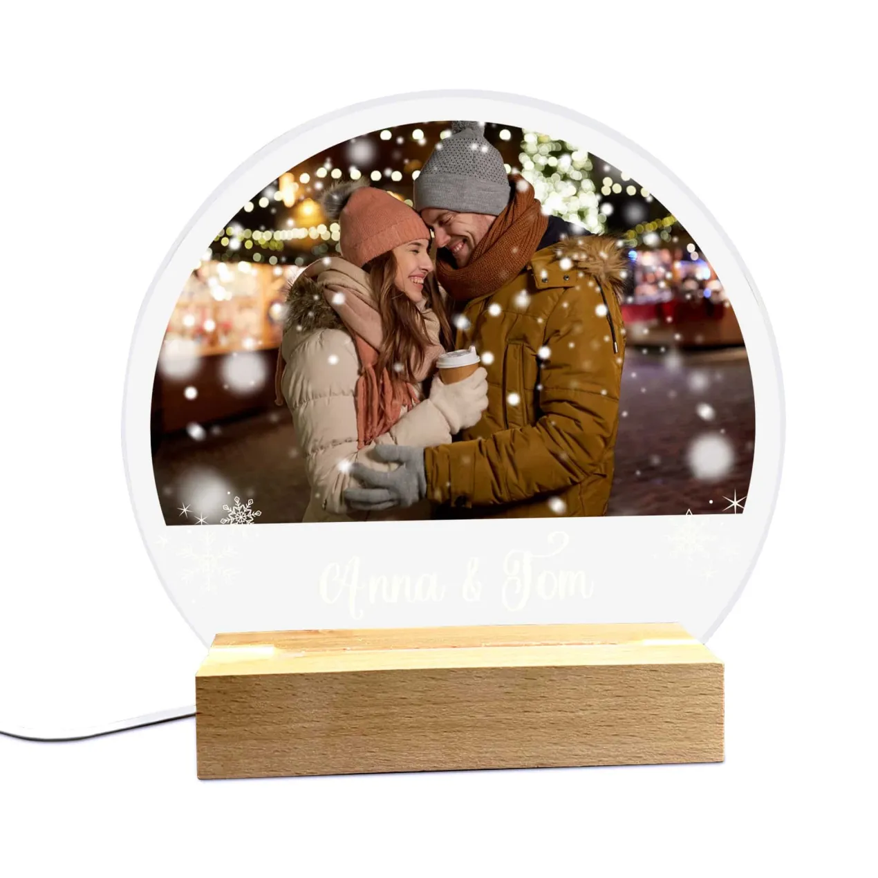 LED Acrylglas Lampe mit Foto, Schneeflocken und Name bedruckt