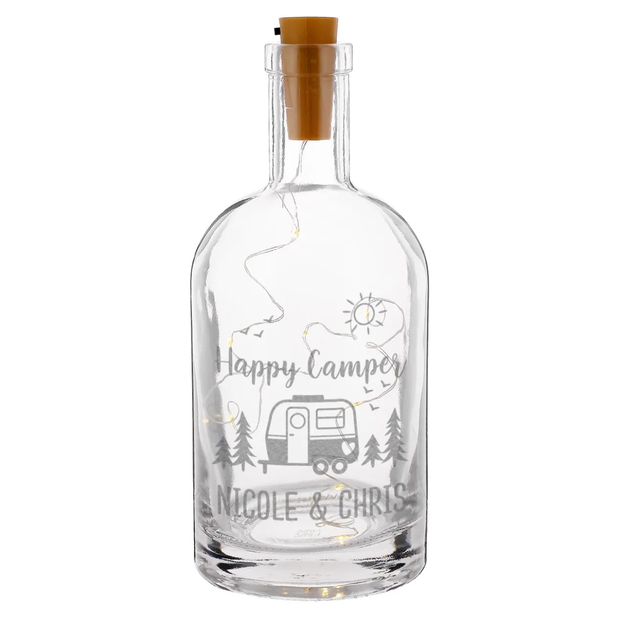 LED Karaffe 'Happy Camper' mit Wunschtext personalisiert | Camping Flaschenlicht aus Glas | Deko Licht