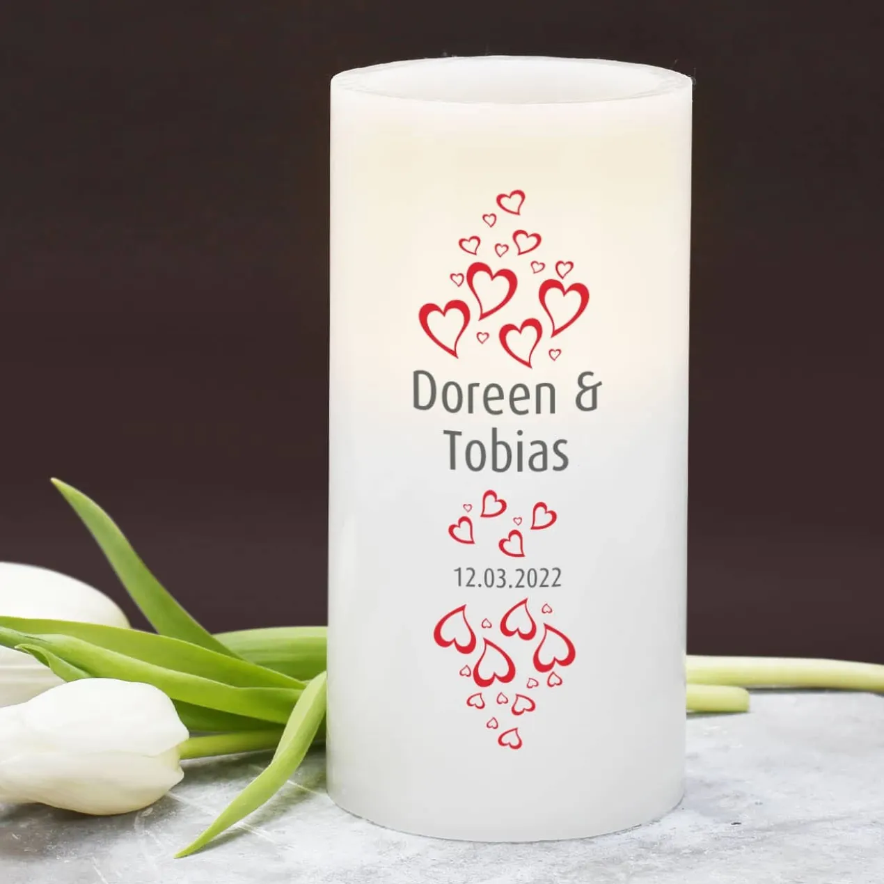 LED Kerze mit Herzen, Namen und Datum bedruckt