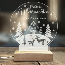 LED Licht personalisiert mit Wunschtext und Acrylglas in Schneekugelform | Geschenk zu Weihnachten