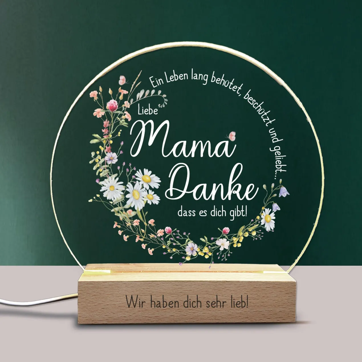 LED-Licht zum Muttertag mit Gravur und Wiesenblumen Druck | Danke Mama...