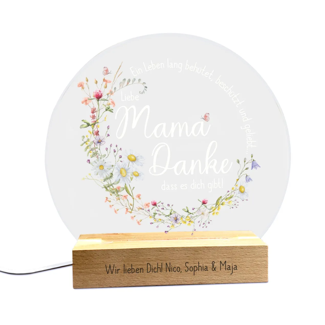LED-Licht zum Muttertag mit Gravur und Wiesenblumen Druck | Danke Mama...