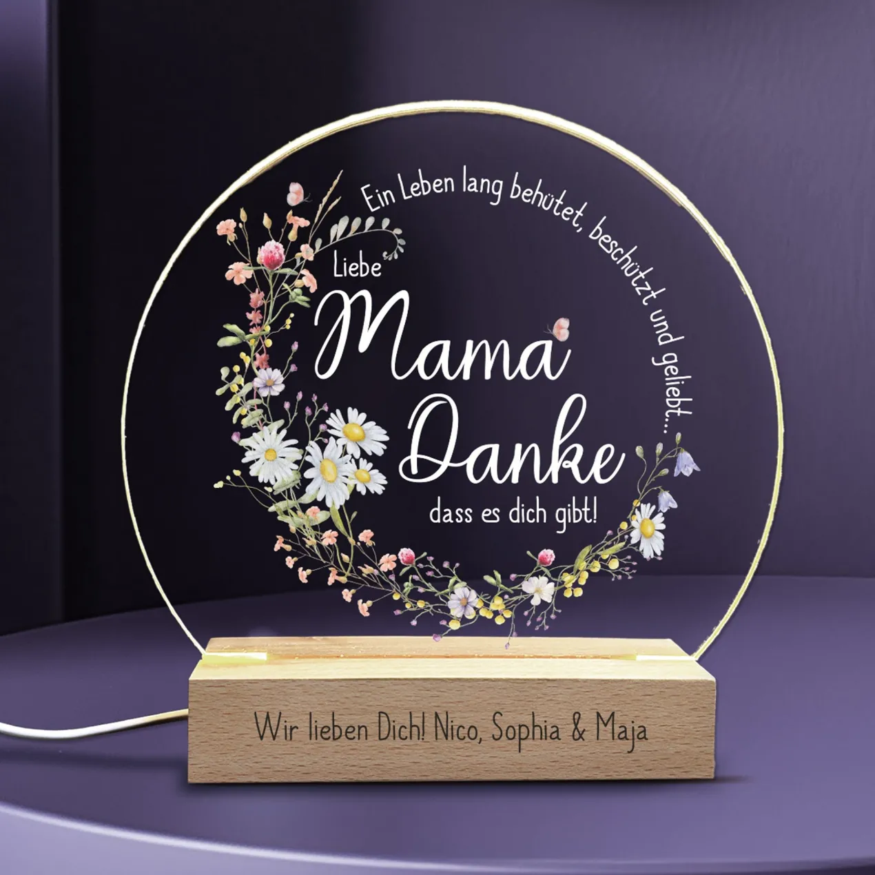 LED-Licht zum Muttertag mit Gravur und Wiesenblumen Druck | Danke Mama...