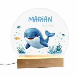 LED Nachtlicht aus Acryl und Holz mit Wal, Name & Datum, Babygeschenk, Taufgeschenk