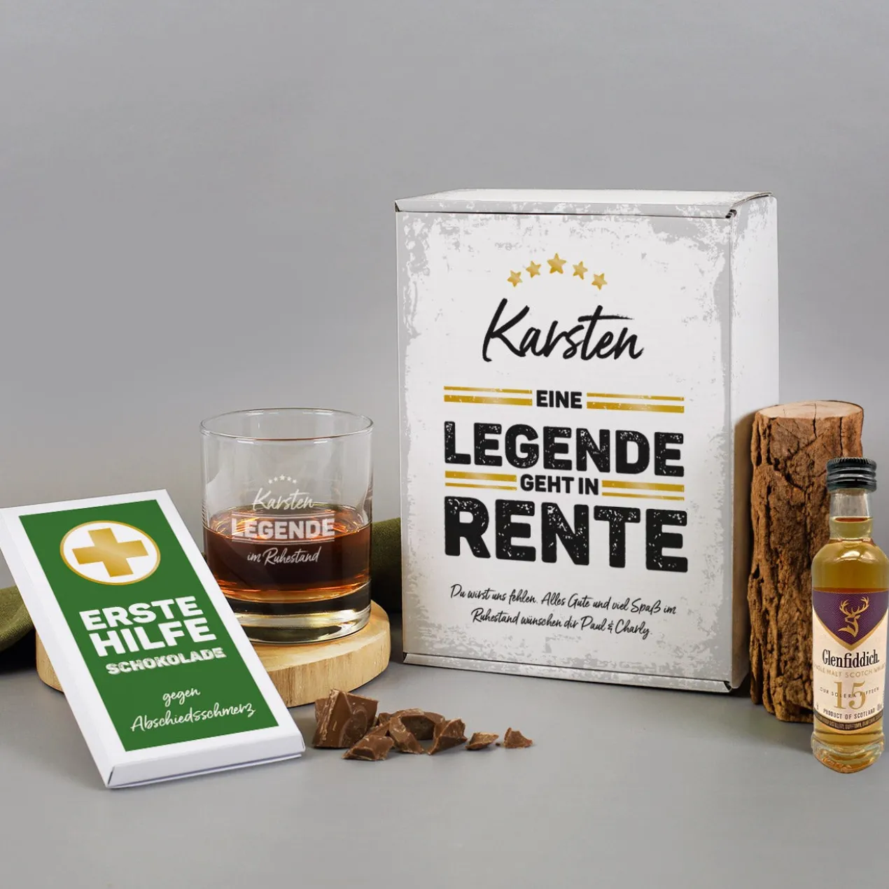 Legende in Rente Whisky-Geschenkset mit Glenfiddich, graviertem Glas und Schokolade