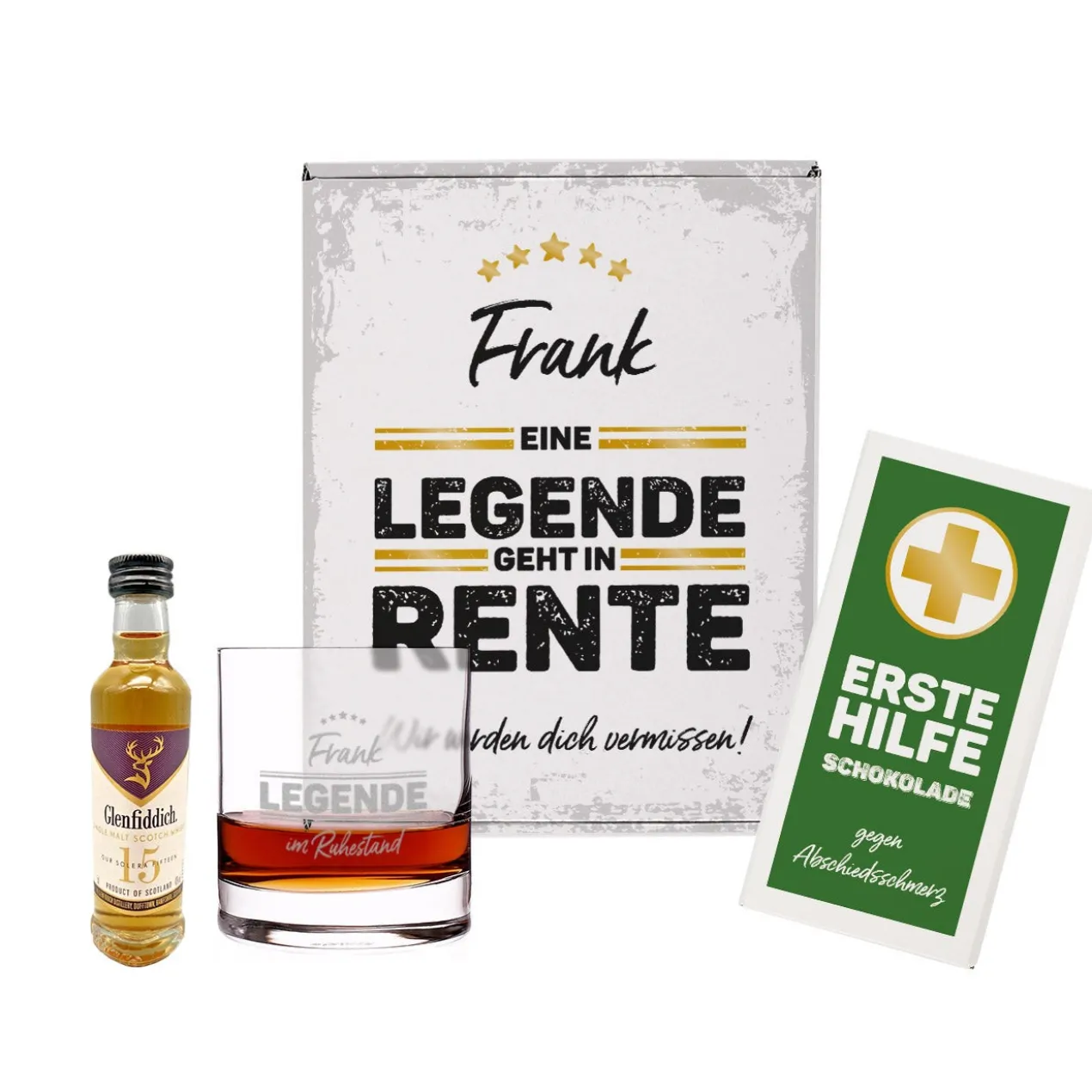Legende in Rente Whisky-Geschenkset mit Glenfiddich, graviertem Glas und Schokolade