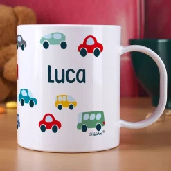 Leichte Kunststofftasse für Kinder mit Autos bedruckt