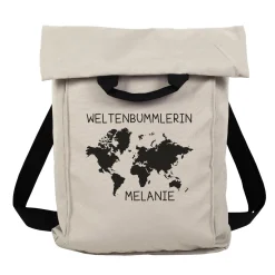 Leichter 2-in-1 Rucksack & Tasche personalisiert mit Wunschtext und Name | Weltkarte Motiv für Reise
