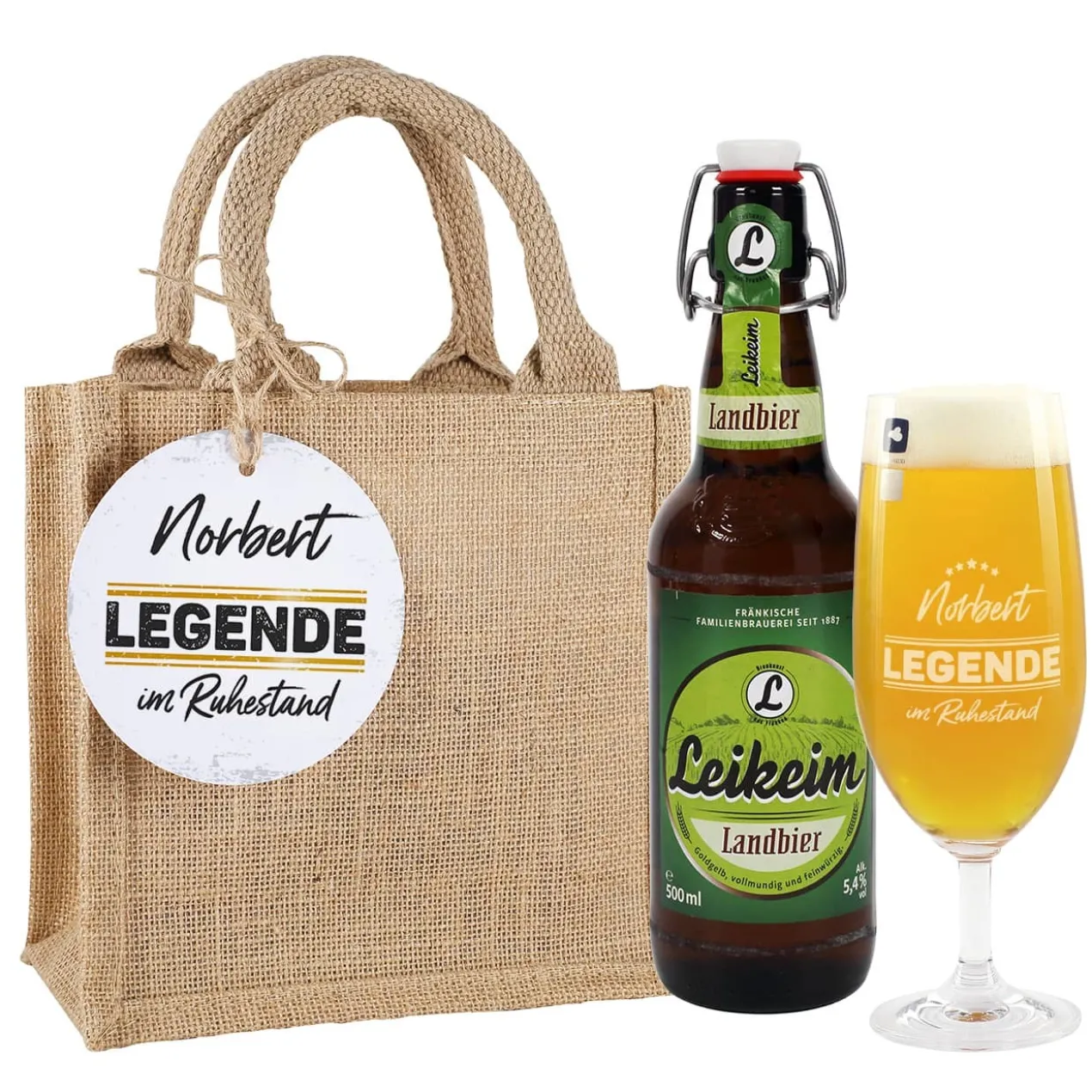 Leikeim Geschenkset zum Ruhestand mit Bier, Bierglas und Jutetüte