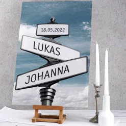 Leinwand zur Hochzeit mit Straßenschildern und Namen
