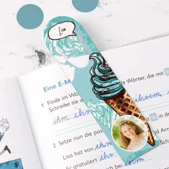 Lesezeichen mit Foto, Name und sommerlichem Eismotiv in mint