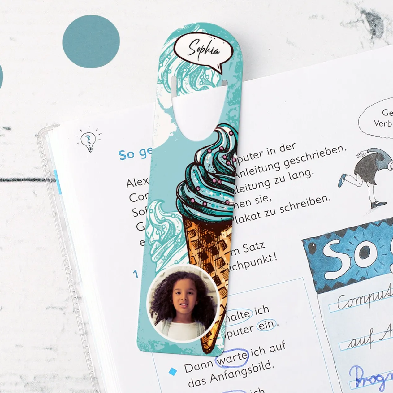 Lesezeichen mit Foto, Name und sommerlichem Eismotiv in mint