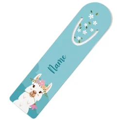 Lesezeichen mit Lama, bunten Blumen und Name