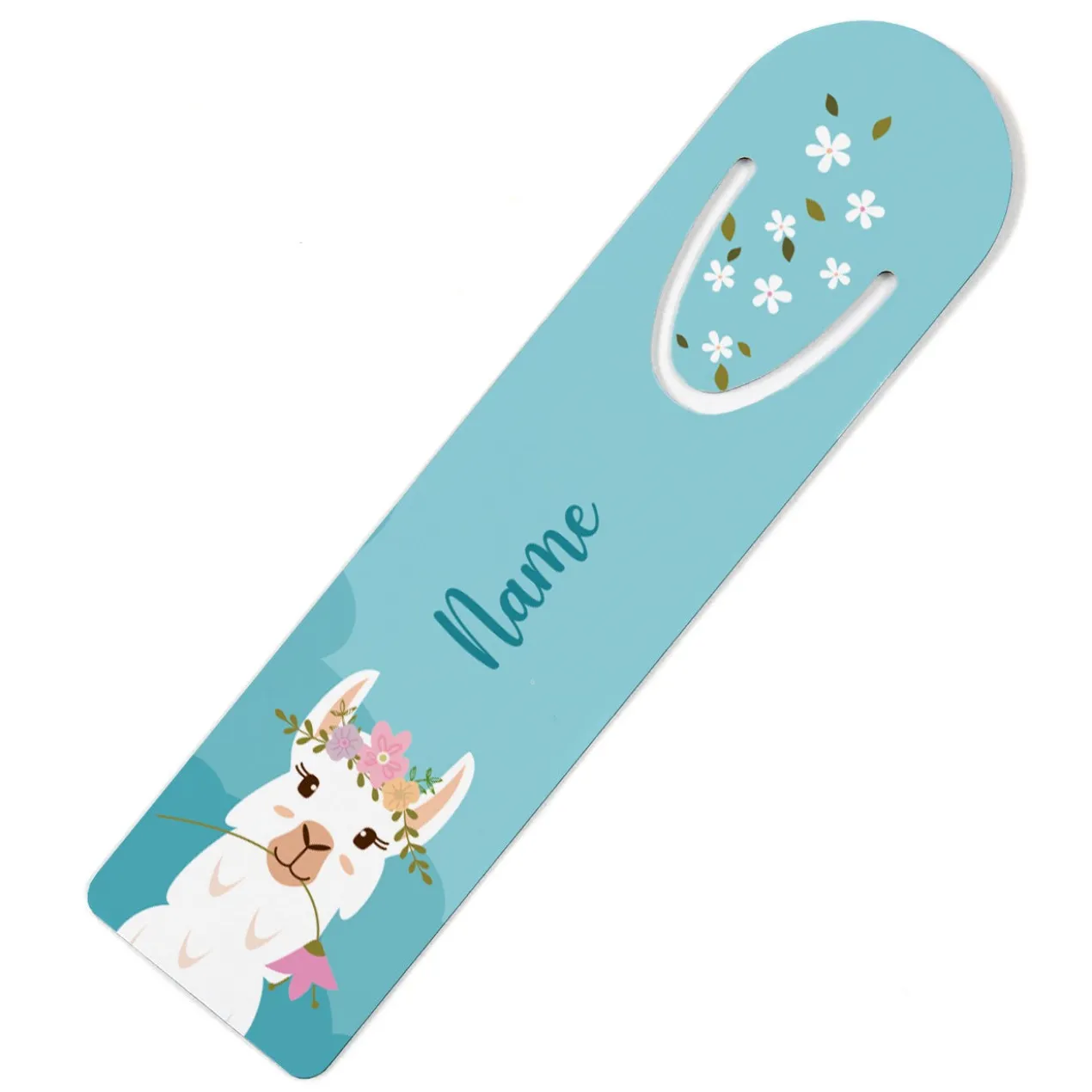 Lesezeichen mit Lama, bunten Blumen und Name